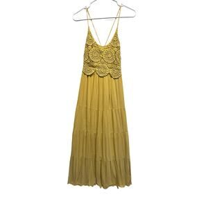 Heyson Mustard Crochet Lace‎ Maxi Dress Boho Tiered Festival Style Small